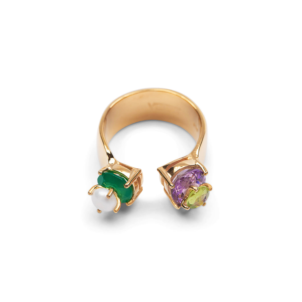 The Freshwater Pearl, Green Onyx & Amethyst Ring in Yellow Gold