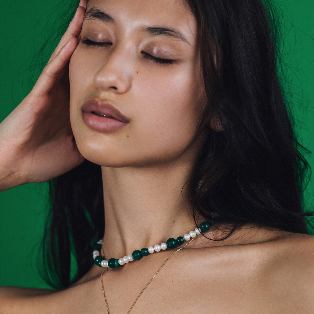 VEERT - Green Onyx & Malachite Freshwater Pearl Necklace VEERT - Green Onyx & Malachite Freshwater Pearl Necklace